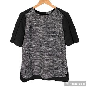 VINCE Textural Weave Black/White Knit Top Zip Back Lined S